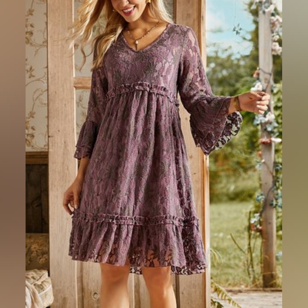 Suzanne Betro Dusty Dark Lavender Stretch Lace Babydoll Ruffle Sleeve Dress-2X